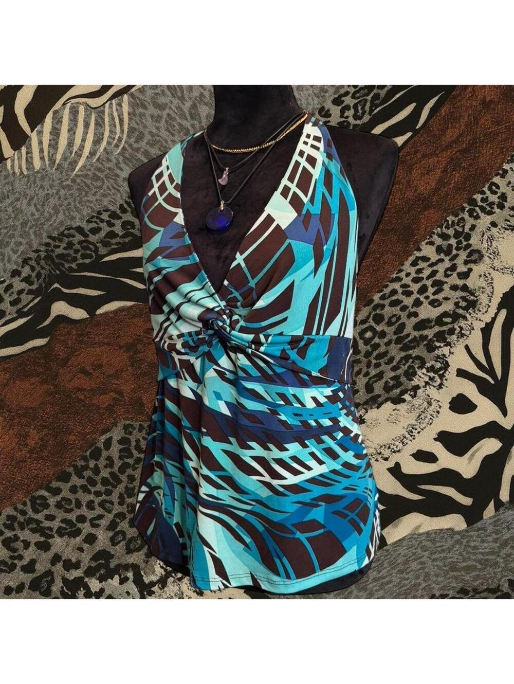 Apt. 9 blue & brown abstract print halter top with tie detail